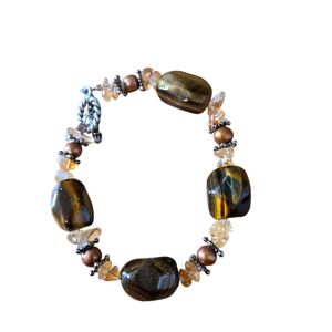 Tigers Eye Stone Bracelet 7.5" Toggle Clasp Silvertone and Acrylic Beads